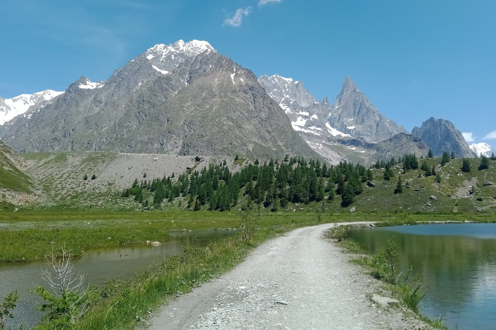 La pista lungo il bordo del Lac Combal, con le cime della Val Veny davanti.
